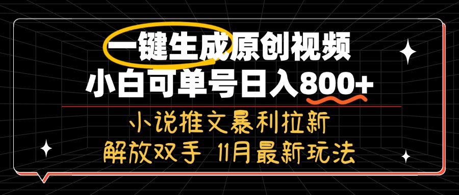 11月最新玩法小说推文暴利拉新，一键生成原创视频，小白可单号日入800+...-网创