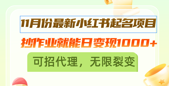 11月份最新小红书起名项目，抄作业就能日变现1000+，可招代理，无限裂变-网创