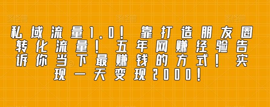 私域流量1.0！靠打造朋友圈转化流量！五年网赚经验告诉你当下最赚钱的方式！实现一天变现2000！-网创