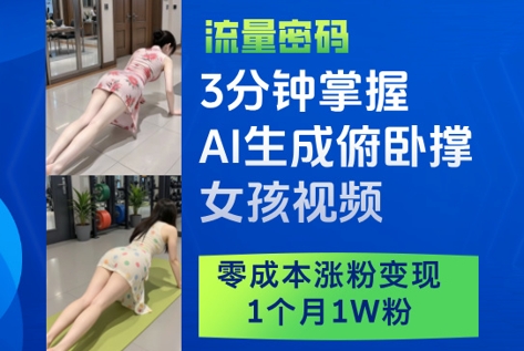 3分钟掌握AI生成俯卧撑女孩视频，零成本涨粉变现，1个月1W粉-网创