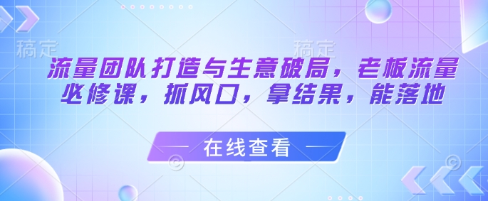 流量团队打造与生意破局，老板流量必修课，抓风口，拿结果，能落地-网创