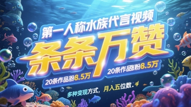 第一人称水族代言视频，条条万赞，20条作品涨粉7.8W，多种变现方式月入五位数-网创